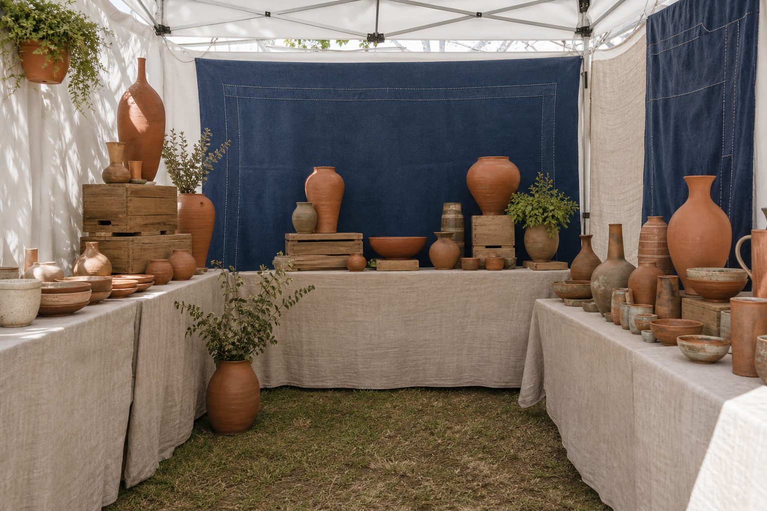An open sided craft booth seen from the aisle with linen tables, an indigo backdrop and raised pottery.