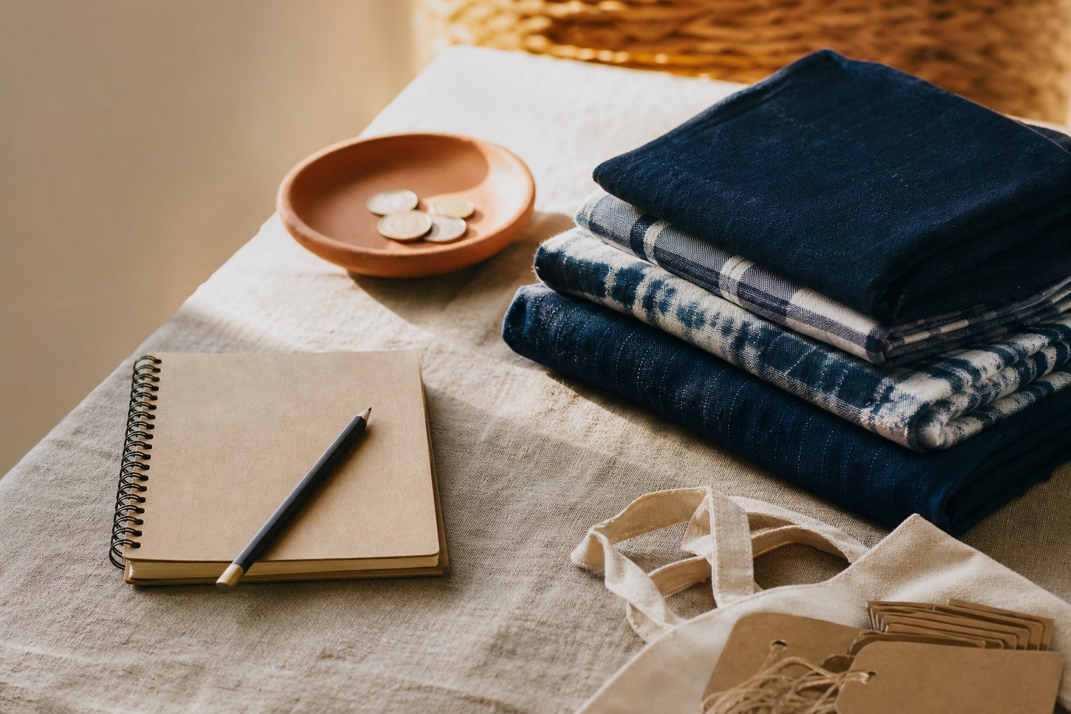 A notebook, pencil and coin bowl beside folded indigo cloth on an oat linen table in a market booth.