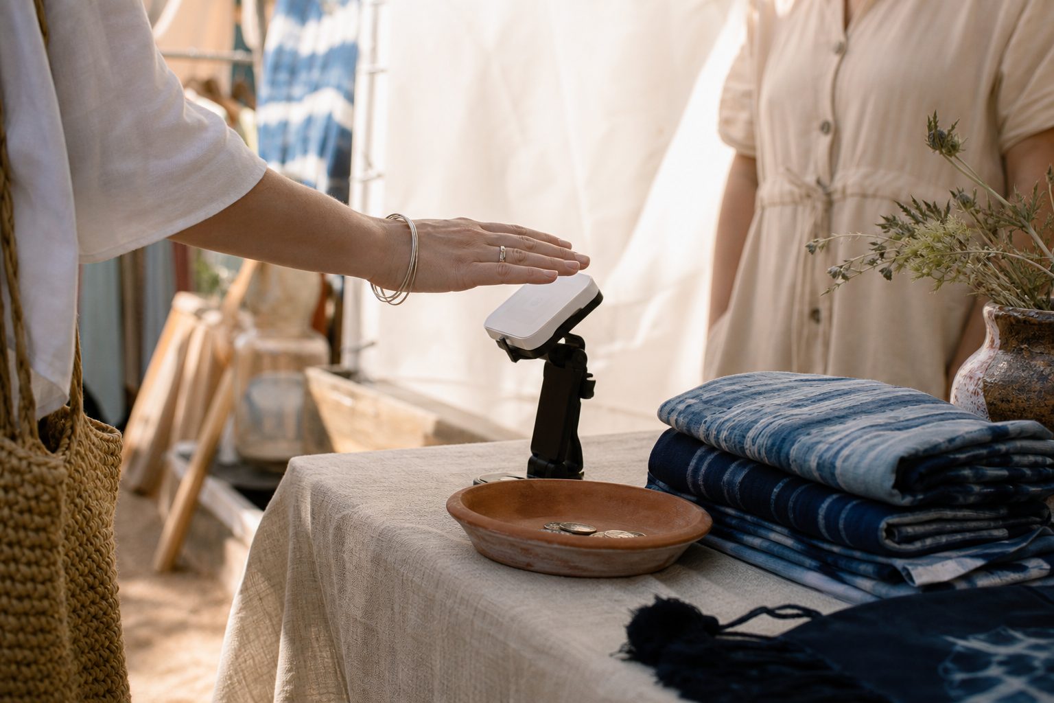 A shopper's hand about to tap a card reader on a linen covered booth table beside a coin dish.