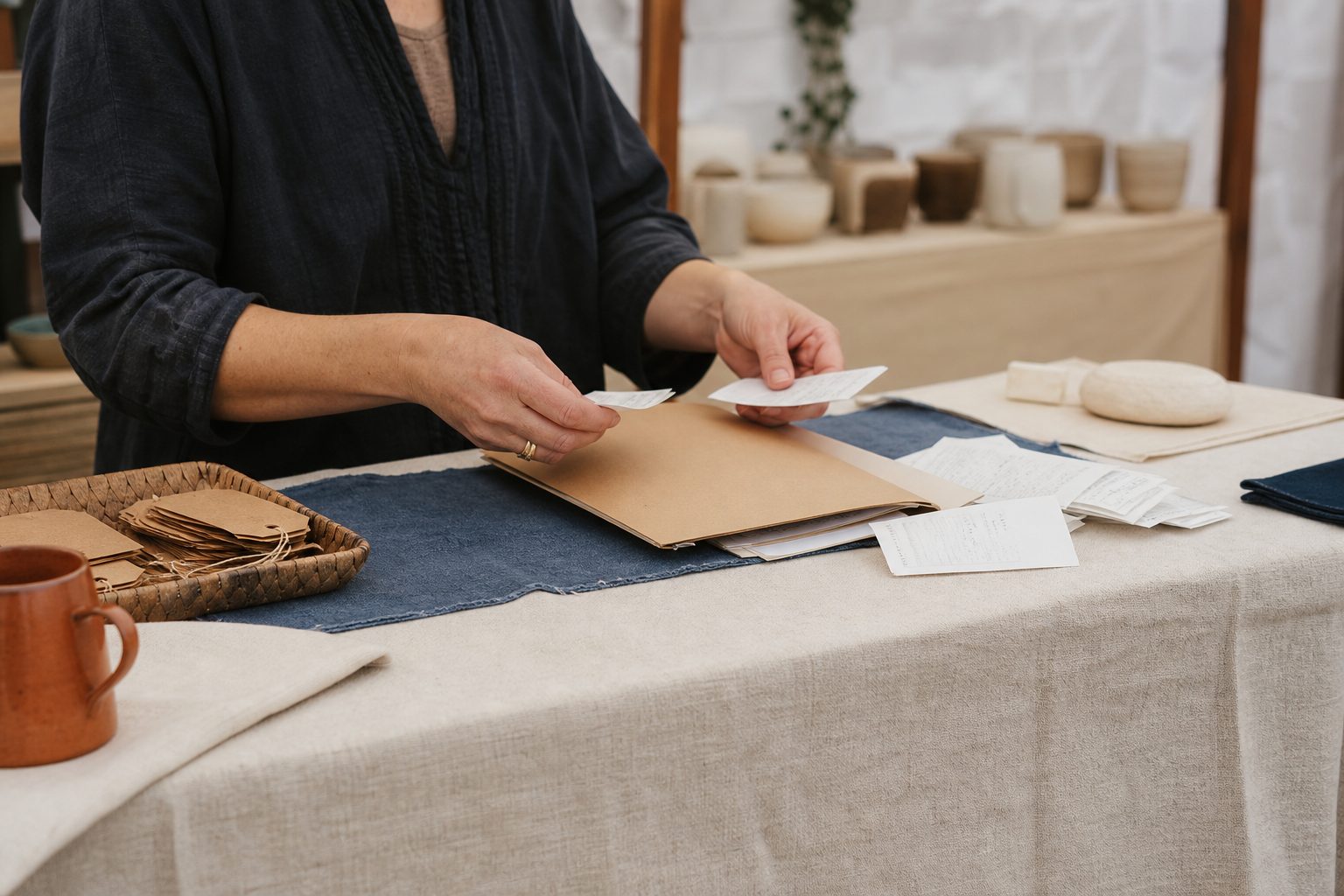 Maker's hands sorting show receipts and a permit folder on a linen covered booth table at a craft fair.