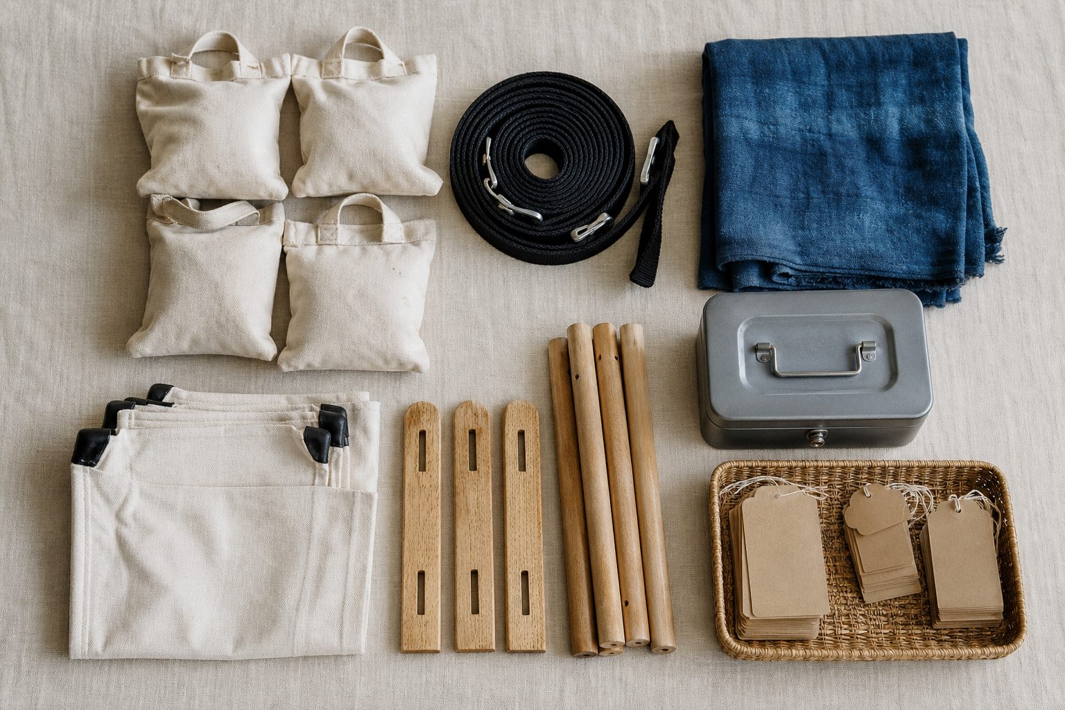 Canopy weight bags, straps, a cash box and blank tags laid out on oat linen before a craft show.