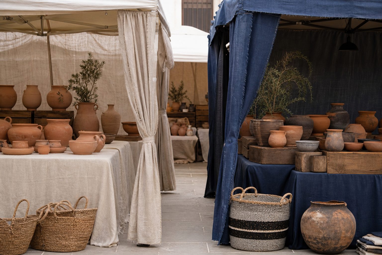 Two neighboring craft market booths along an aisle, one draped in oat linen and one in indigo cloth.