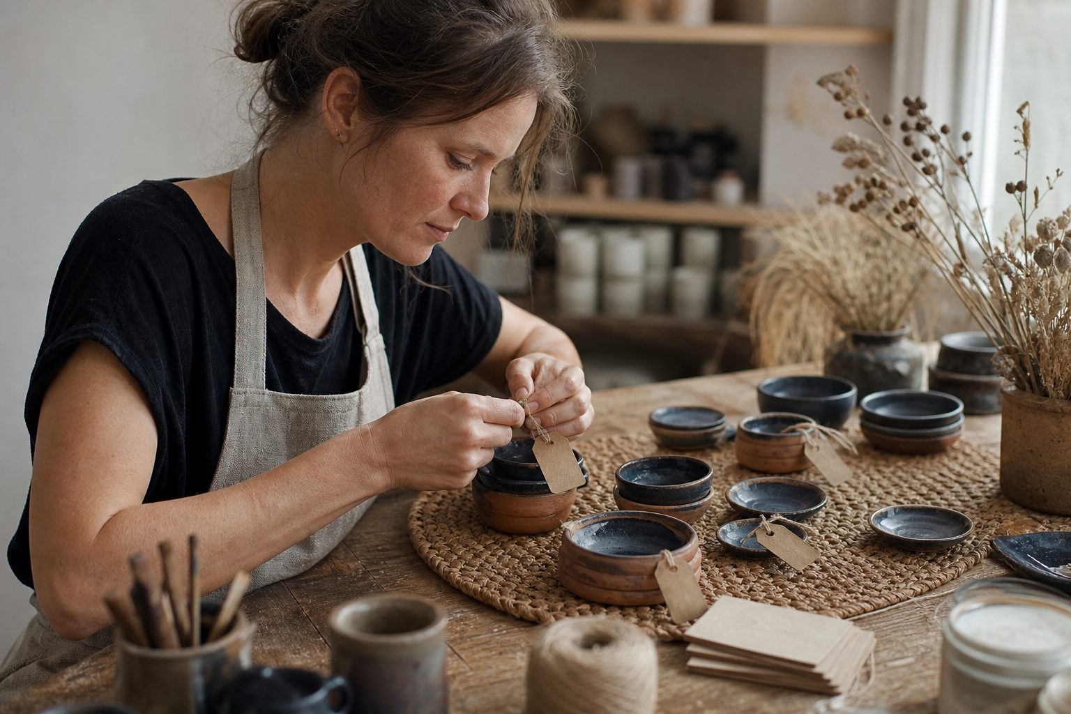 A maker ties blank kraft tags onto indigo and terracotta glazed ceramics at a linen covered workbench.
