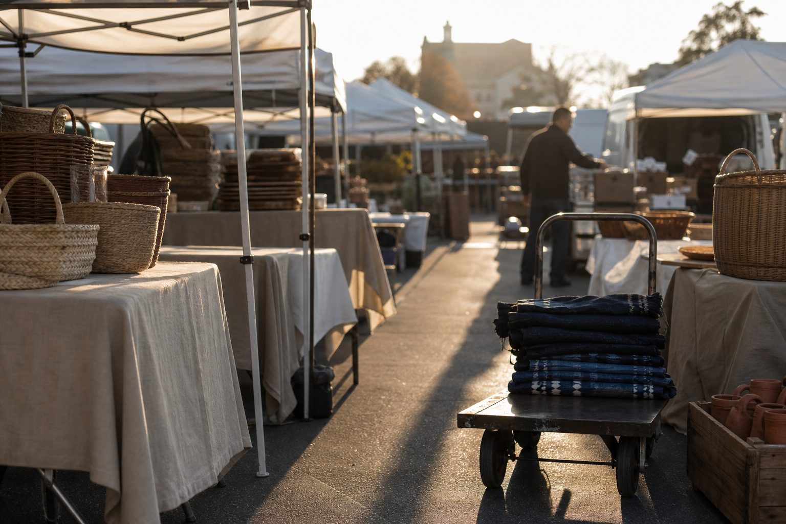 Early morning load in at an outdoor market with half raised canopies and a cart of baskets and cloth.