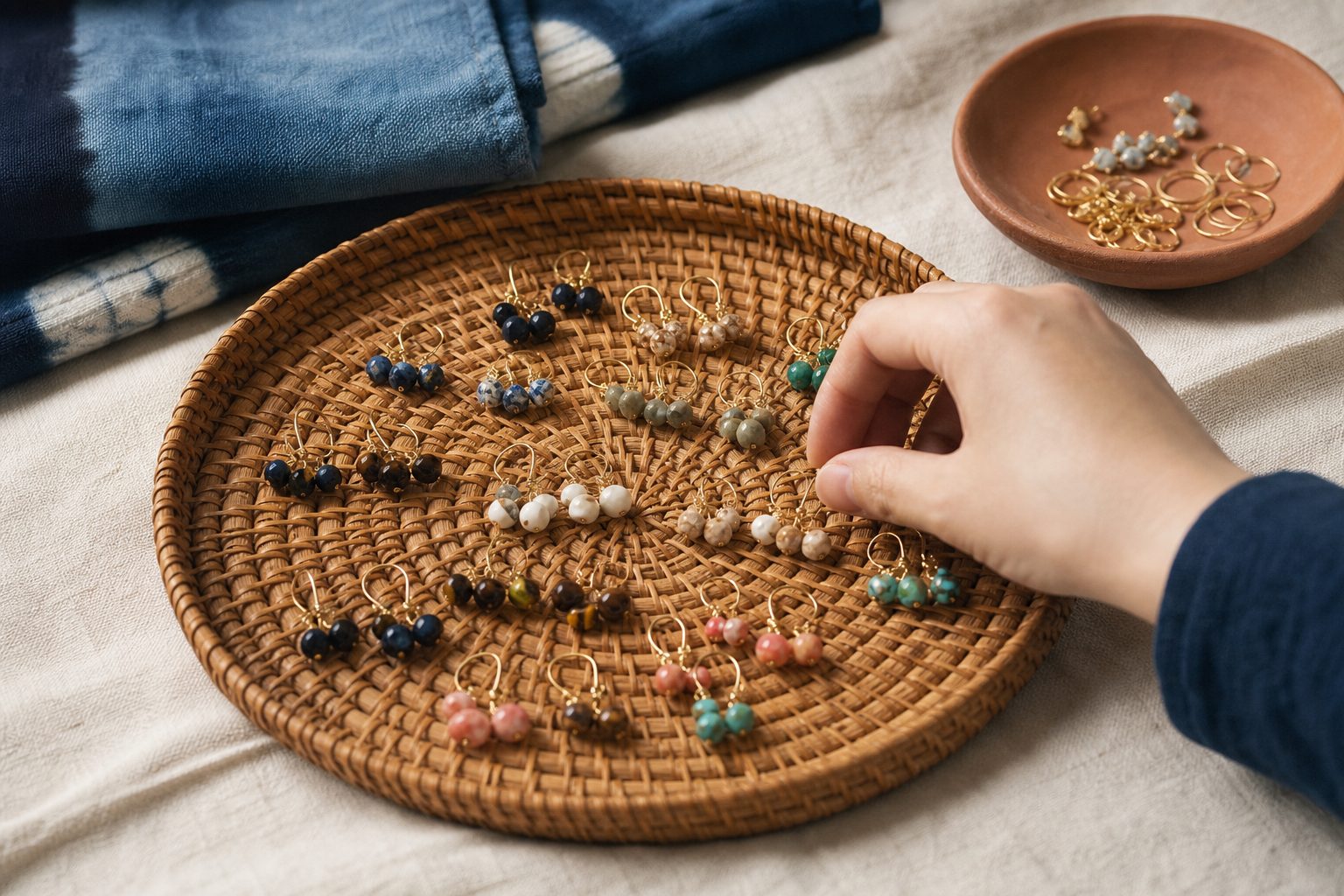 A hand counting handmade earrings sorted by colorway in a woven tray on oat linen with indigo cloth.