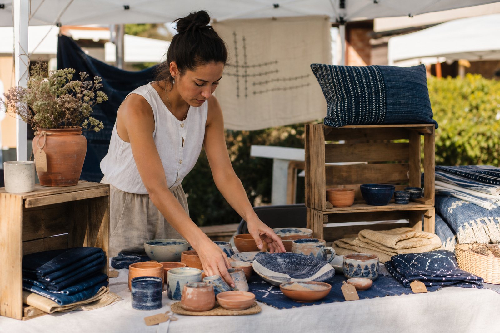 A maker arranging handmade ceramic bowls and folded woven textiles on a craft fair booth table under a white canopy