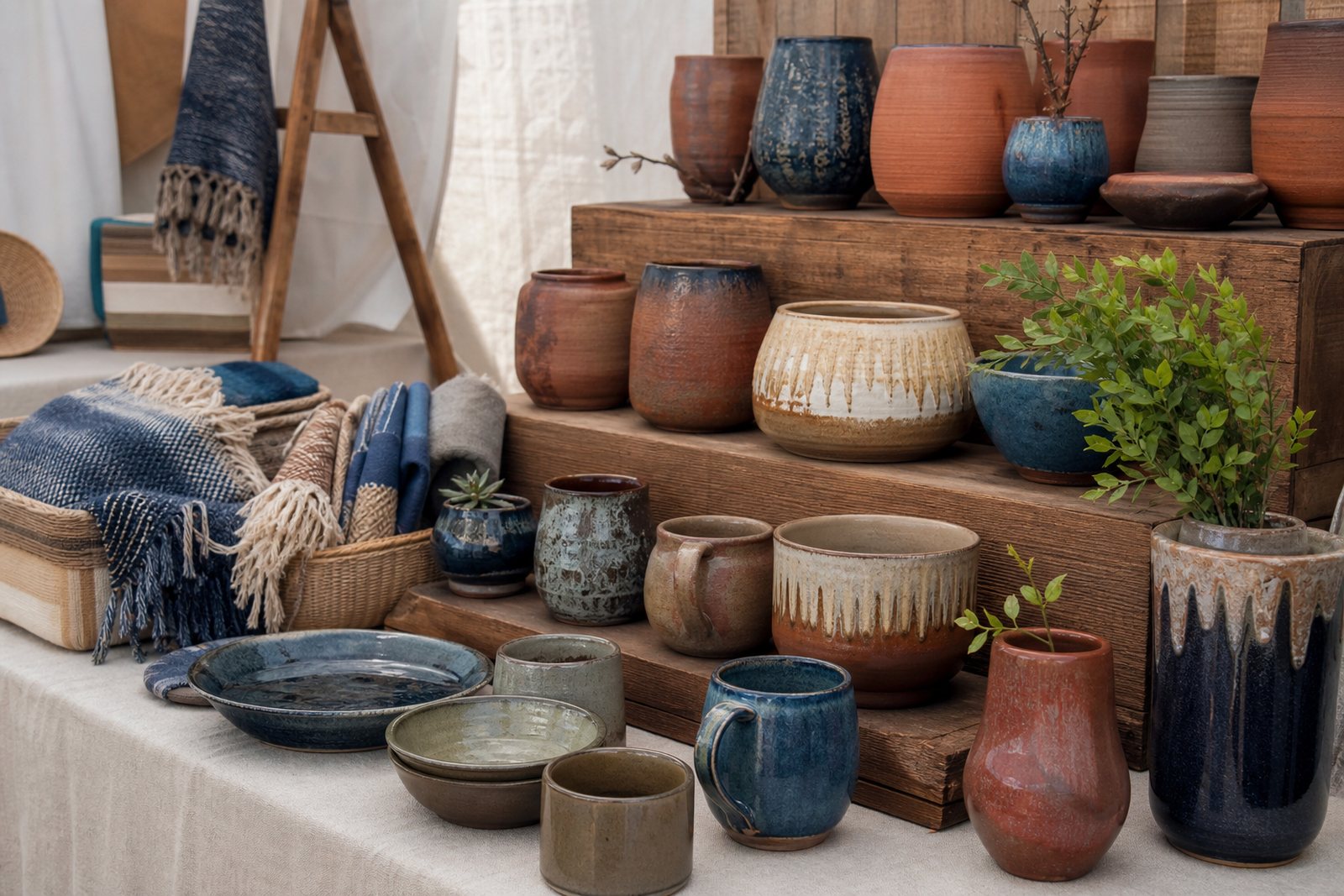Handmade pottery and woven textiles displayed on wooden risers over a linen cloth at a craft fair booth